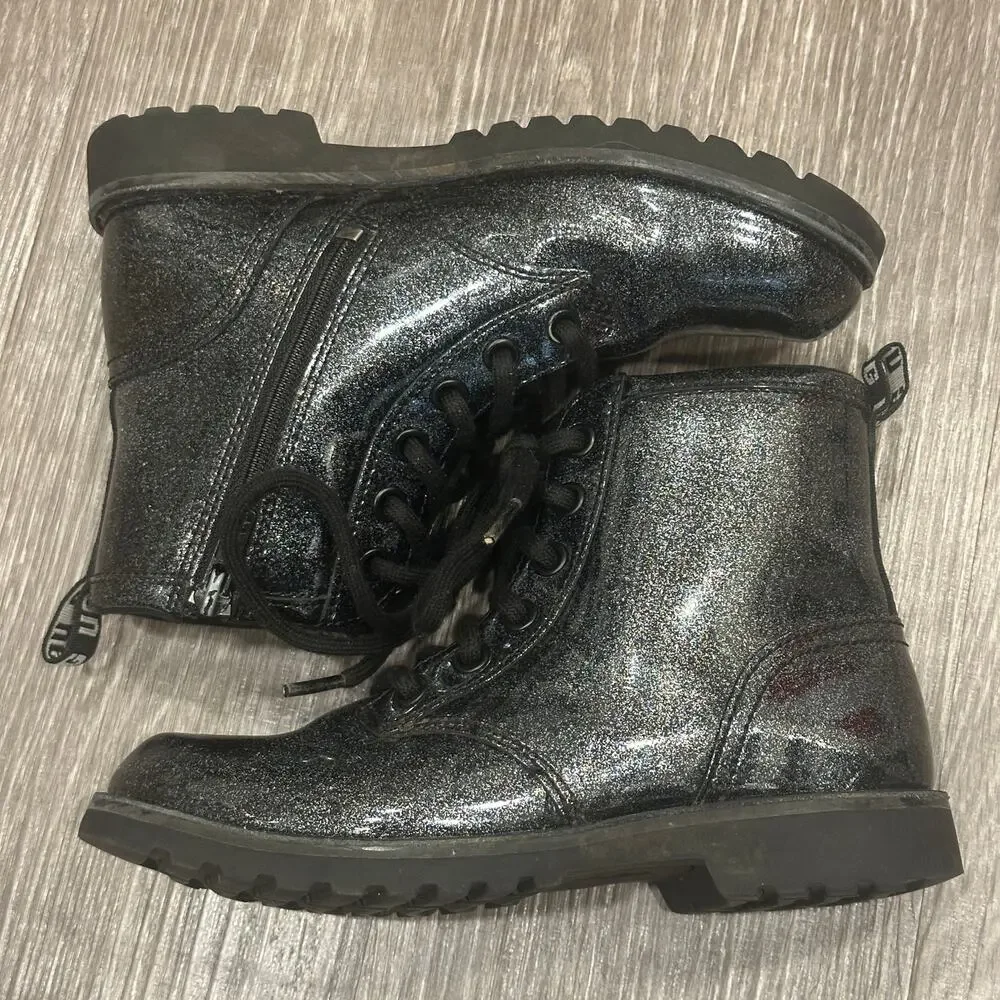 Ugg Black Ashton Glitter Patent Lace-Up Lug Sole Chunky Combat Boots Grunge Sz 2